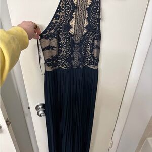 Blue Embellished Pleated Backless Gown